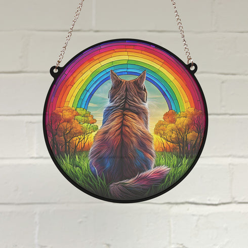 Maine Coon Cat Rainbow Bridge Stained Glass Effect Suncatcher